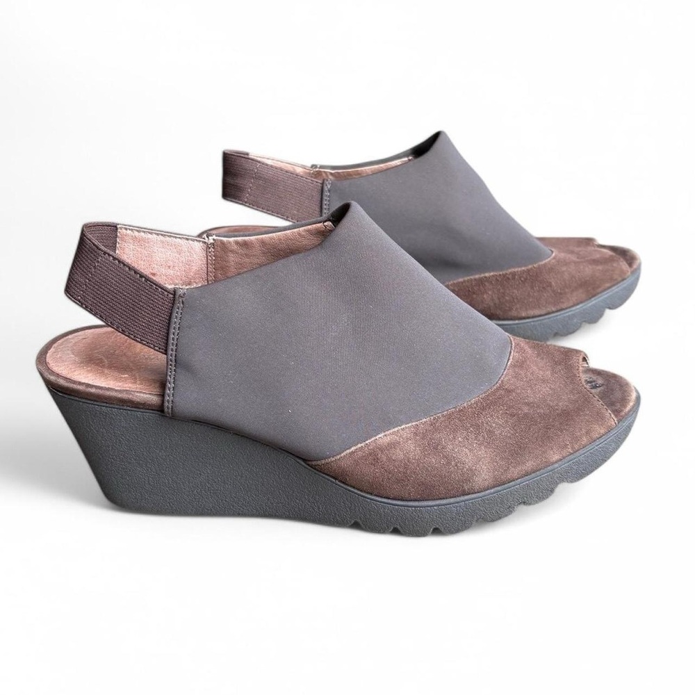 Donald J Pliner Mynne Suede Nylon Wedge Slingback Shoes in Chocolate Brown